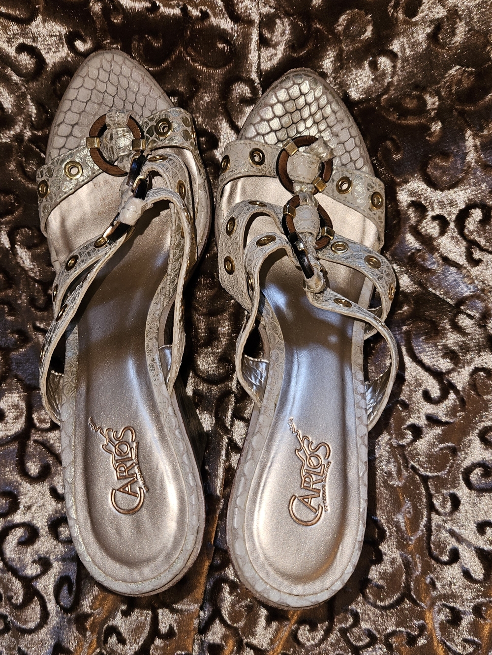Carlos by Carlos Santana Silver Metallic Snake-Print Mule Sandals